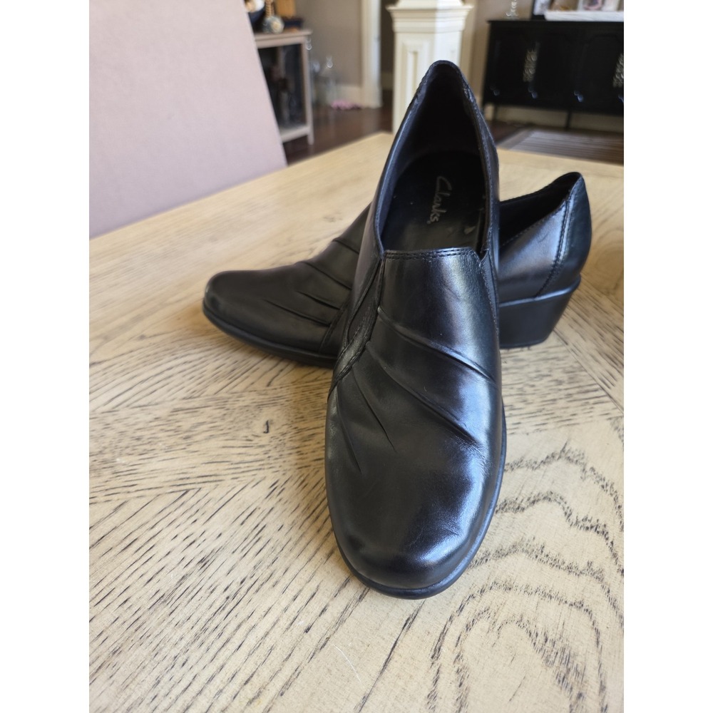 Clarks Partridge Pleated Shoes Leather Slip On Shoes Black Loafers 9M Airline